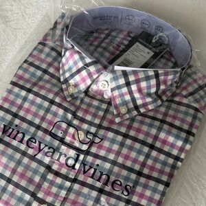 Vineyard Vines Men's Pink and Blue Plaid Shirt